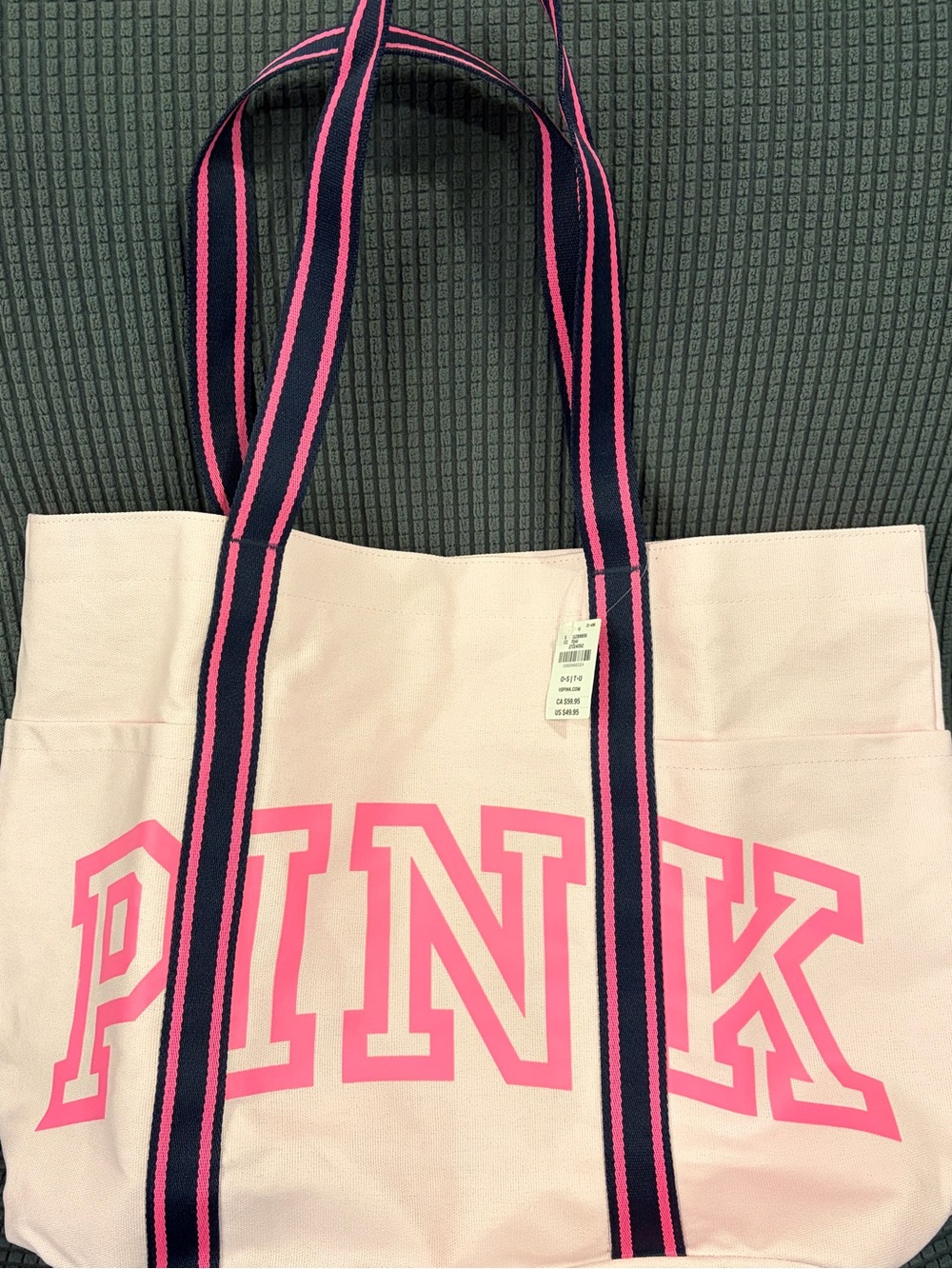 PINK Victoria's Secret Pale Pink Canvas Tote with Navy & Hot Pink Straps
